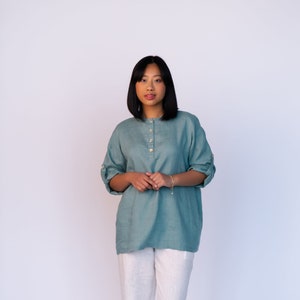 Linen oversize shirt Helen in azure color