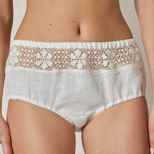 Linen Full Brief Lace Panties/Knickers Midi High. Vintage Panties. Linen Undies for Her. Luxurious Women Underwear. Linen wedding underwear