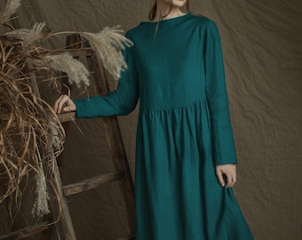 Emerald Green Linen Smock Dress DOMINIKA: Long Sleeve Loose and Oversize Fit