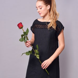 Linen Midi Dress HOPE with Wide Linen Luxurious Lace. Little Black Dress. Linen Sleeveless Sundress. Black Wedding dress. Fatale Linen Dress