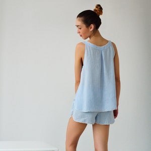 Linen Pajama Set Rosie With Shorts For Women In Pale Blue/ Pajama Top Sleeveless With Laced Top And Bottom/ Luxury Linen