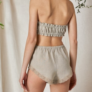 Linen underwear set lace with high rise knickers in natural