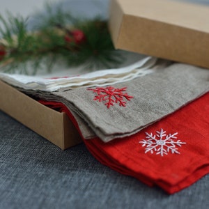 Linen kitchen towel with embroidered by hand Snowflake in towel corner