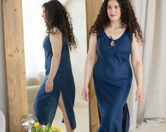 Linen Luxurious Nightdress DEW - Fitted Silhouette Flax Gown Bias Cut - Sustainable Sleepwear - Plus Size Nightwear