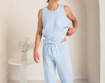 Men's Soft Linen Pajama Pants: Handmade Loungewear with Open Fly