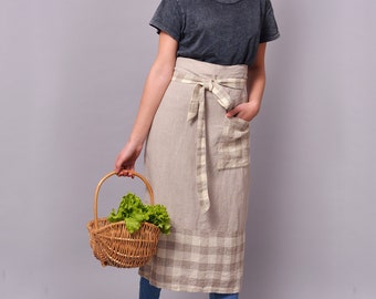 Linen Natural Half Apron blocked with Checkered Rough Linen/ Waist Organic Apron/ Luxurious Linen Gift