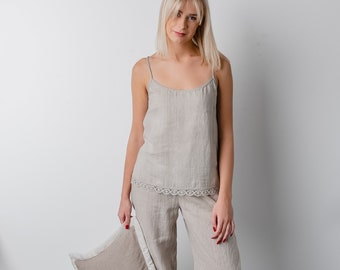 ISABELLA LACE Linen Pajama Set for Women/ Best Linen Pajamas/ Sustainable Sleepwear in Various Colors/ Cami Lace and Wide Cropped Pants