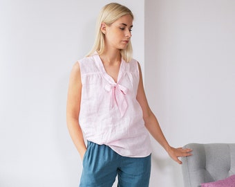 READY TO SHIP/ Size L/ Linen Blouse Sleeveless with Collar Ties in Pale Rose/ Linen Summer Blouse With Bow/ Eco Friendly Women Clothing