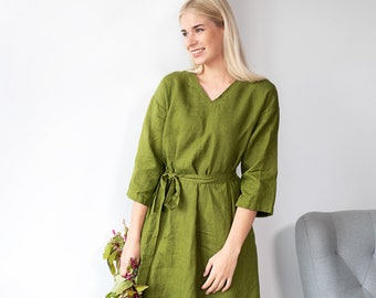 Robe en lin NERINGA Oversize Manches 3/4 / Tunique en lin écologique / Robe en lin Décontractée midi en Vert mousse