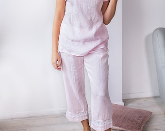 Linen Cropped Pajama Trouser CHARLOTTE LACE For Women/ Linen Sleepwear/ Flax Trouser/ Linen Trouser Laced/ Linen Lingerie