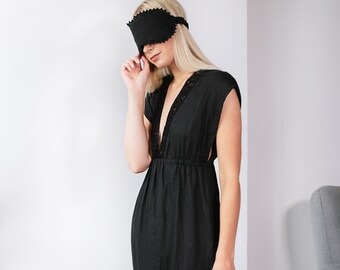 SAMPLE SALE  - 40%/ Size S/Linen Black Night Gown Laced/ Whimsigoth Gown/ Linen Black Long Tank/ Luxurious Night Dress/ Gift for Wife