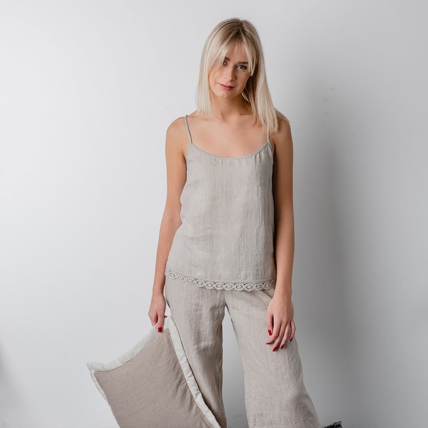 ISABELLA LACE Linen Pajama Set for Women/ Best Linen Pajamas/ Sustainable Sleepwear in Various Colors/ Cami Lace and Wide Cropped Pants