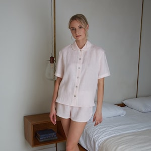 Linen Pajama Shirt NINA LACE/ Linen Organic Pajama Top with Short Sleeves/ Luxurious Linen Pajamas/ Linen Sleepwear for Women