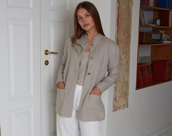Lange Oversize Jacke STELLA mit Stehkragen aus Leinen/ Locker geschnittener Blazer für Frauen mit Taschen/ Eleganter nachhaltiger Mantel/ Mandarin Jacke/