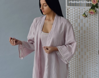 Linen Short Bath Robe Organic MONA / Night Gown Laced on Sleeves and Bottom/ Spa Robe Luxury/ Wedding Lingerie/ Honeymoon Gown linen