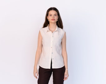 Linen Top LENA Buttoned Down Front. Linen Waistcoat. Shirt Collared in Linen. Organic Blouse with Collar. Flax Top. Linen Women's Clothing