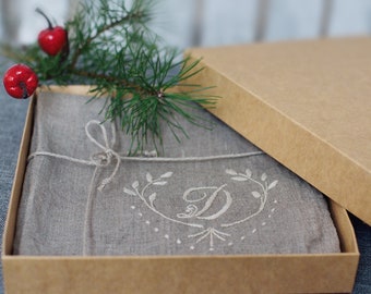 Gästhandduk i linne med monogram, lyxig personlig inflyttningspresent till bröllop, broderad kökshandduk i fransk stil, unik duschpresent
