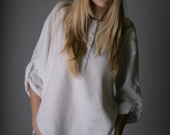 Linen Oversize Shirt HELEN with Long Sleeves/ Linen Loose Top/ Women Summer Shirt Linen/ Drop Shoulder Shirt/ Cooling linen clothing