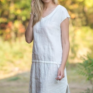 Linen Tunic Gown EDEN with Drawstringed waist/ Linen Dress Sleeveless/ Linen Tank Milky white