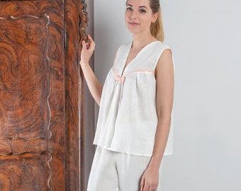 Ensemble pyjama en lin pour bébé poupée avec bordures contrastées/Vêtements de nuit en lin pour femme/pyjama en lin de luxe