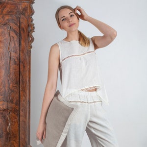 Linen cropped pajama top Catherine with longer sides