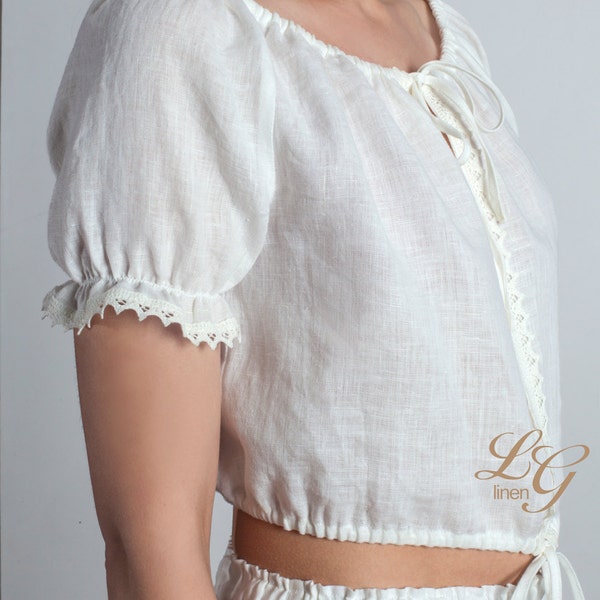 Linen White  Pajama Top ANASTASIA LACE for Woman/ Linen Cropped Top with Lace/ Linen Peasant Organic Top