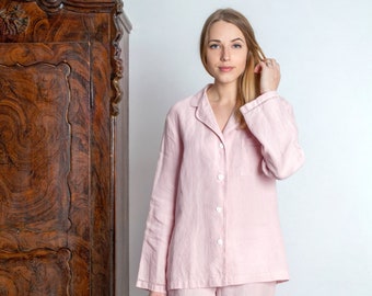 Luxury Linen Pajama Set For Women/ Pajama With Handmade Drawnwork At Sleeves bottom And Pocket/ Linen sleepwear Eco Friendly