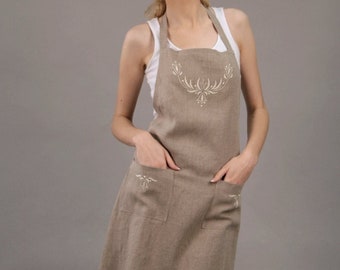 Linen Natural Apron with Wonderful Handmade Embroidery/ Full Apron Linen Natural and Eco Friendly/ Luxurious Linen Apron