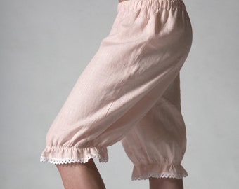 Linen Bloomers ANASTASIA for  Woman Laced/ Knee Length Pantaloons/ Linen Cropped Trouser