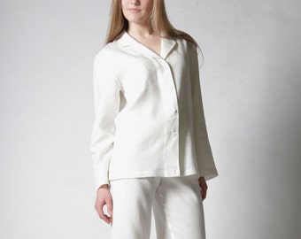 Linen White Pajama Set / Longsleeve Shirt And Long Linen Trouser/ Linen Classic Pajama/ Linen Loungwear