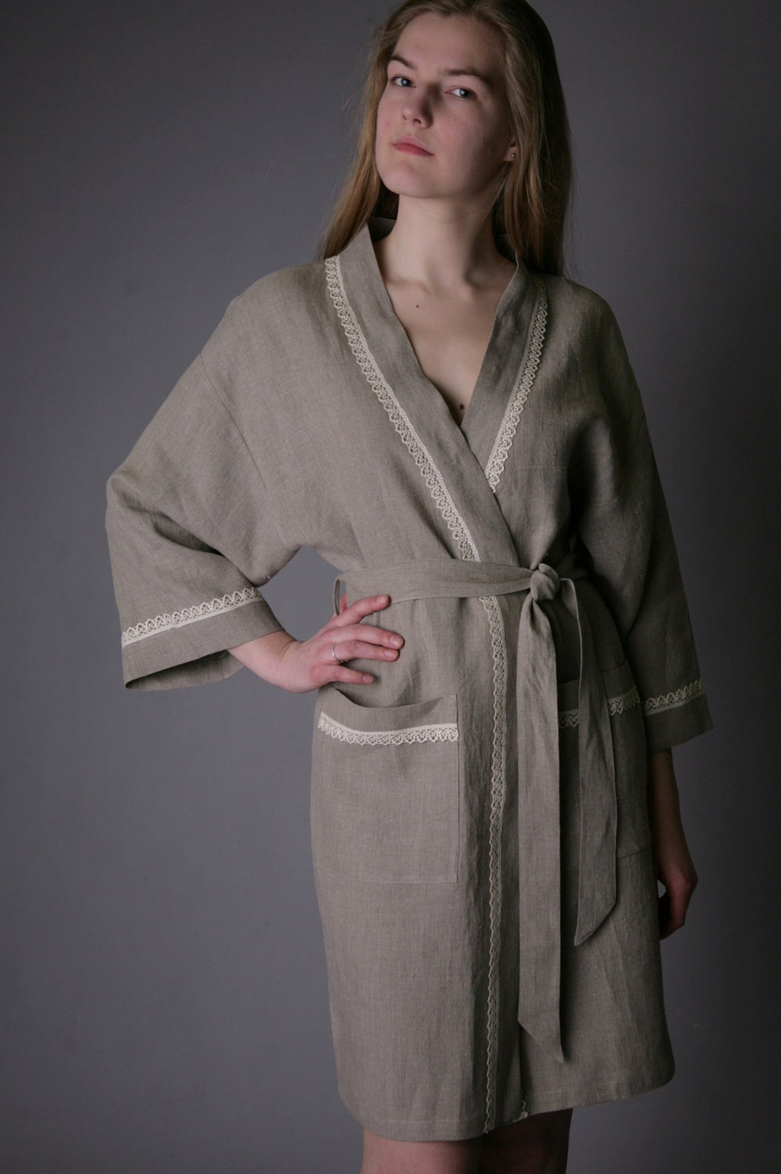 Natural Robe Linen Bath Robe Natural Genova / Night Robe Short Laced/ Flax - Etsy