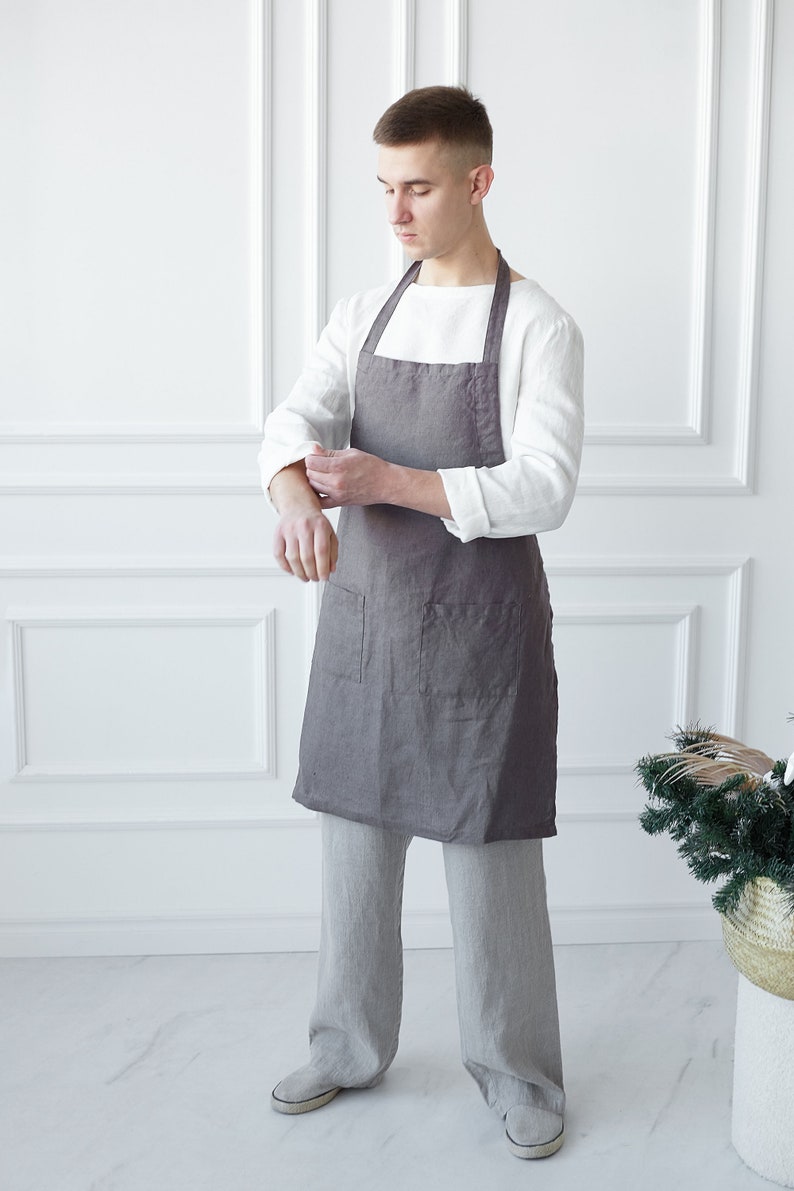 Linen Unisex Apron With Adjustable Straps. Washed Linen Apron for Cooking and Gardening. Linen Full Apron for Women and Men. Gift for Him image 1