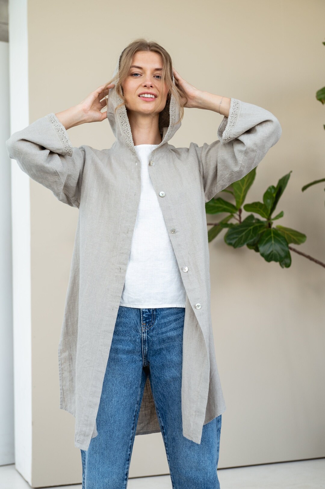Linen Hooded Jacket Tara/ Long Jacket Oversize/ Linen Long Cardigan