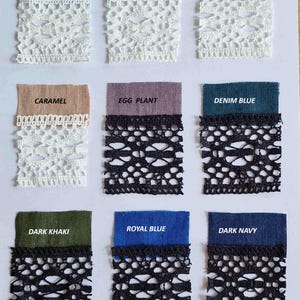 May include: A chart with nine fabric swatches and their corresponding lace trims. The swatches are labeled with the following colors: Pale Blue, Blueish Grey, Sea Wave, Caramel, Egg Plant, Denim Blue, Dark Khaki, Royal Blue, and Dark Navy.