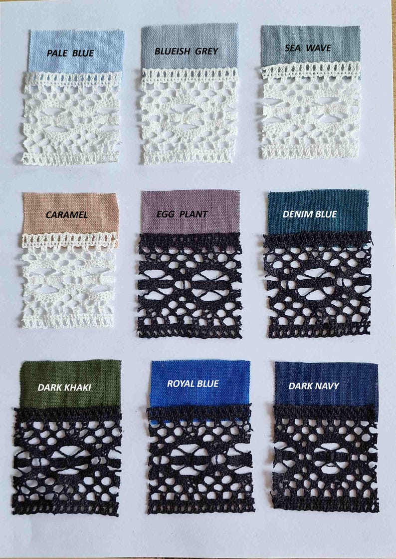 May include: A chart with nine fabric swatches and their corresponding lace trims. The swatches are labeled with the following colors: Pale Blue, Blueish Grey, Sea Wave, Caramel, Egg Plant, Denim Blue, Dark Khaki, Royal Blue, and Dark Navy.