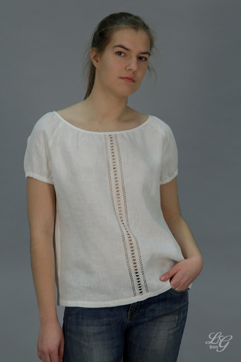 Linen White Peasant Blouse With Handwork On Front/ Linen top/ Etsy