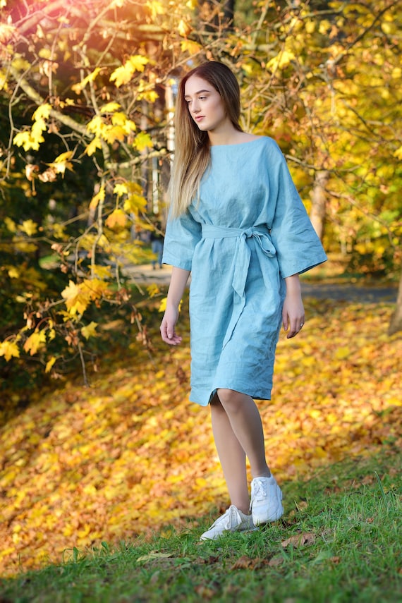 Linen Dress -Tunic Karen with Boat Neck and 3/4 Sleeves/ Flax Oversize Fit Dress/ Vacation Linen Clothing/ Eco-Friendly Handmade Linen Dress