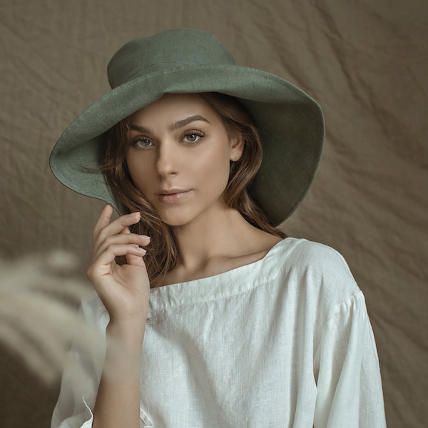 Sombrero de verano de lino con ala ancha / Sombrero de sol ecológico en lino / cubierta de cabeza natural para boda de lino