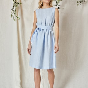 Linen elegant dress Mila lace and open back in pale blue