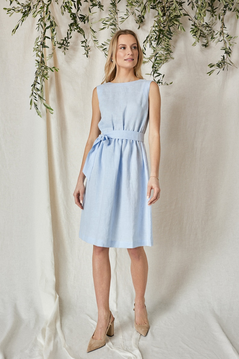 Linen elegant dress Mila lace and open back in pale blue