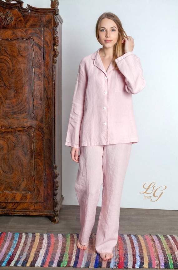 Luxury Linen Pajama Set for Women Pajama With Handmade Drawnwork