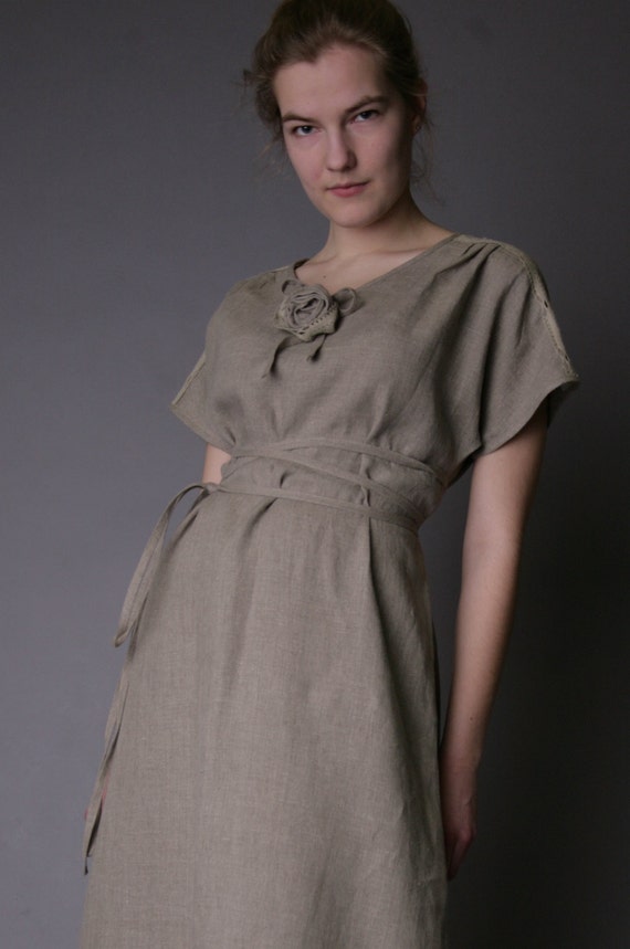 Linen Natural Long Dress AMELIA/ Linen Bohemian Style Maxi Dress/ Linen Dress with Wide Delicate Lace at Shoulder Linen and Handmade Rose
