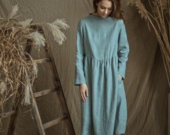 Linen Dress DOMINIKA With Long Sleeves and High Neck in Midi Length/ Smock Dress/ Linen Tunic Maternity