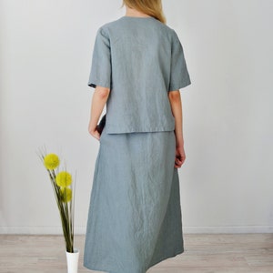 READY TO SHIP Size S/Linen Skirt Suit/Linen Long Wide Skirt and Blouse Short Sleeved in Blueish Grey Linen/ Skirt with Drawstring Waist image 2