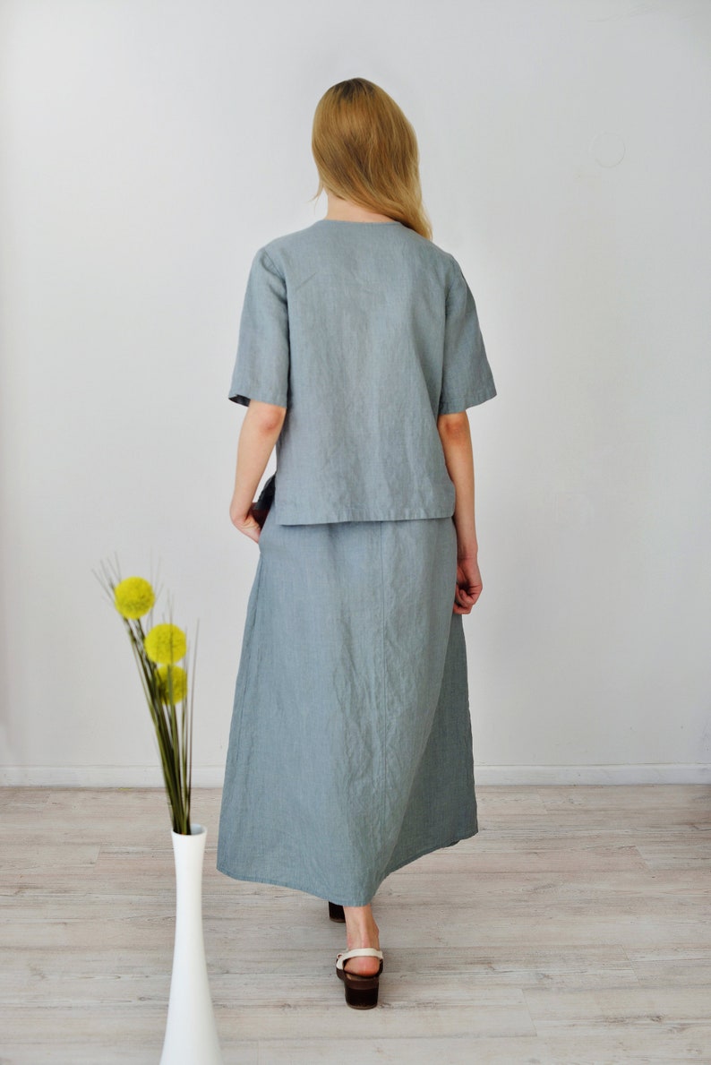 READY TO SHIP Size S/Linen Skirt Suit/Linen Long Wide Skirt and Blouse Short Sleeved in Blueish Grey Linen/ Skirt with Drawstring Waist image 2