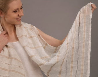 Linen Shawl Sheer/ Linen Scarf/ Shawl With Handmade Drawnwork/ Flax Scarf/ Natural Shawl Handembroidered/ Valentine Gift/ Linen Voile Sha