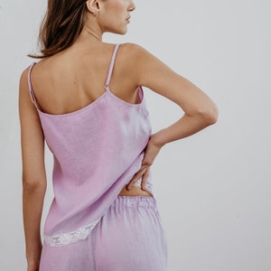 Linen pajama set laced Isabella in lilac back view