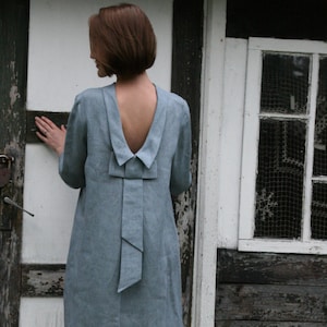 Linen Dress ALLEGRA With Bow at Back/Linen Elegant Dress Midi/ Knee Length Dress With Open Back / Dress Eco Friendly/ Plus Size Dress