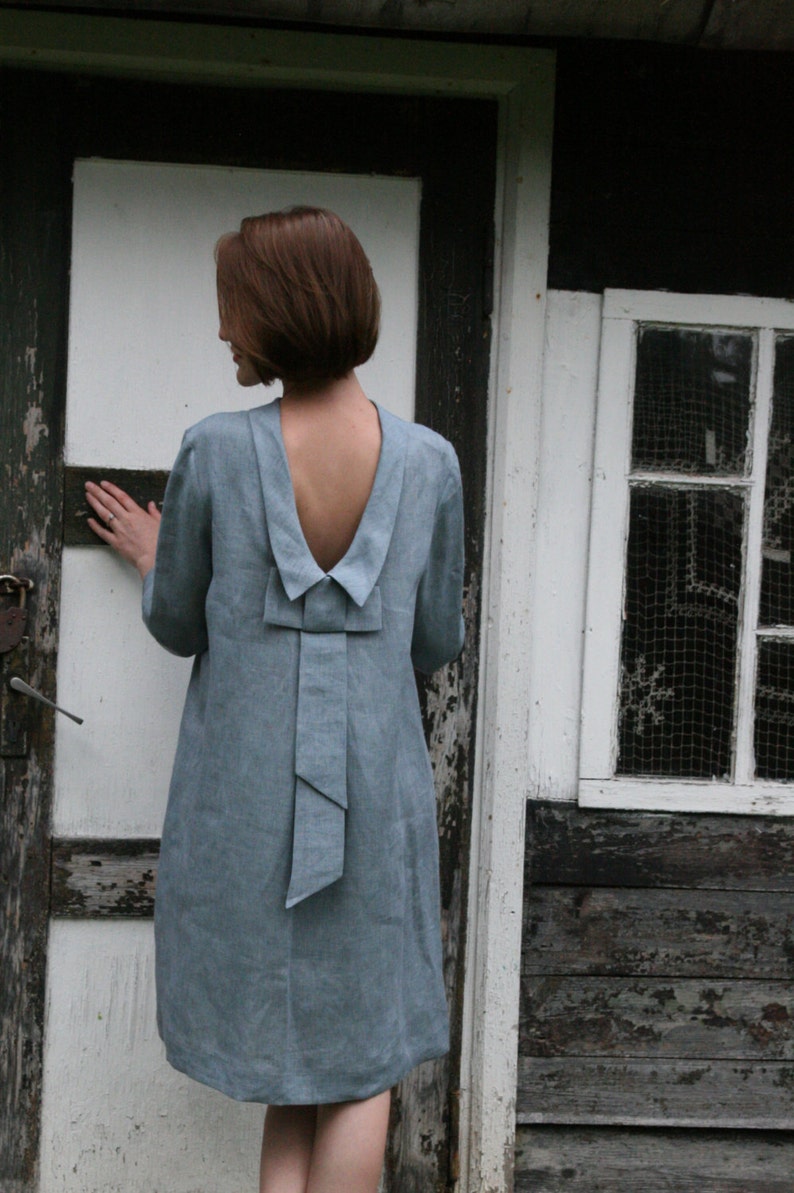 Linen dress Allegra with bow and open back back