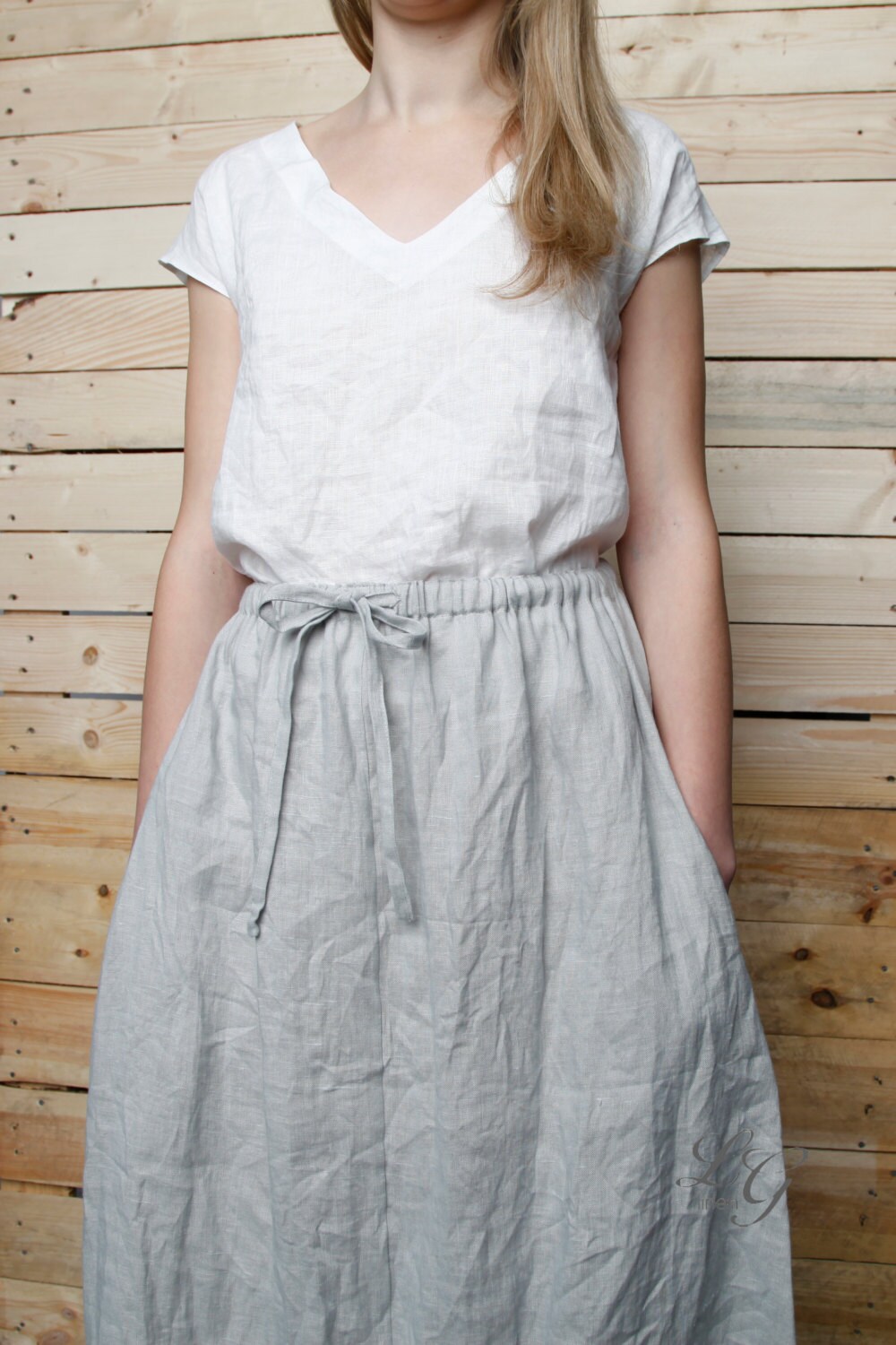 Linen Midi Skirt TINA/ Linen Skirt Drawstringed Waist/ Eco | Etsy